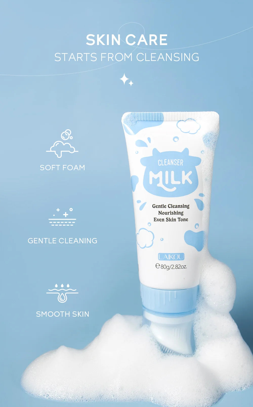 Korean Milk Facial Cleanser 80g – Deep Moisture, Oil Control & Glowing Skin | Hyaluronic Acid, pH-Balanced for Dry/Oily Skin