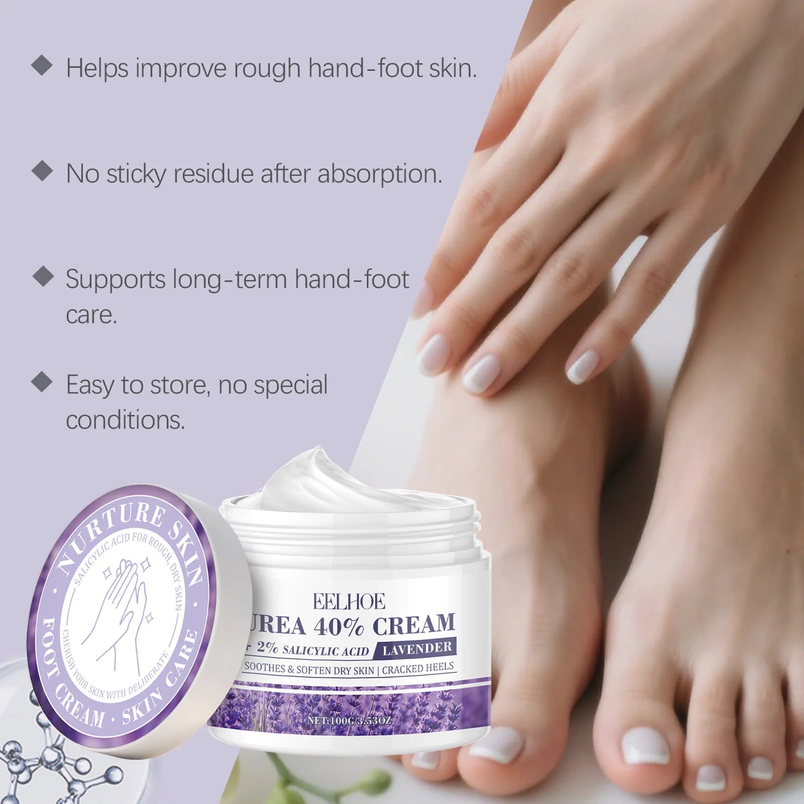 EELHOE Urea Cream 40% Repair Cracked Heels Soften Rough Skin Smoothing Deep Hydration Fast Absorption Hand Foot Care Cream 100g